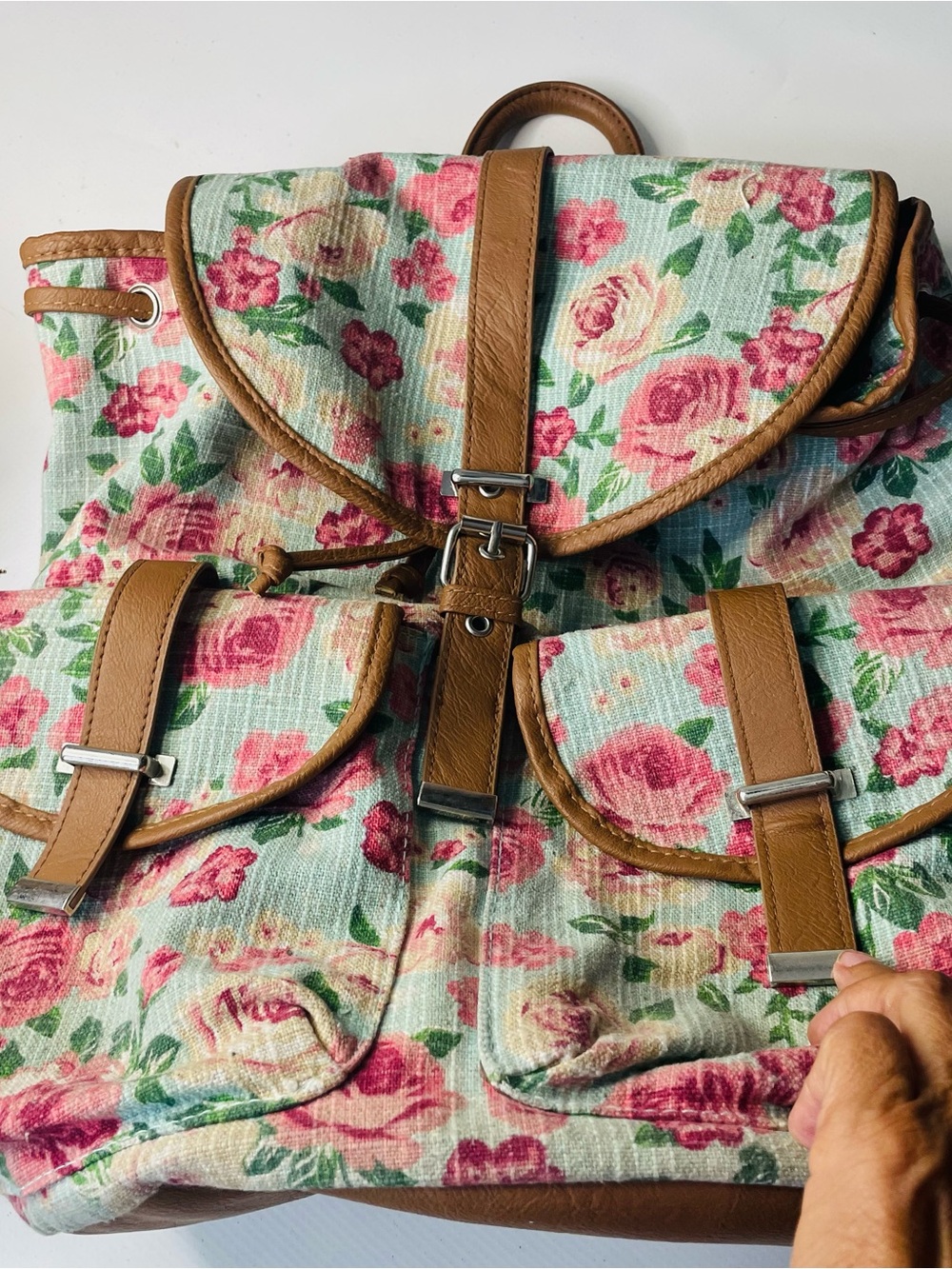 Vintage Y2K Mudd Floral Canvas Backpack with Pink Roses and Brown Trim